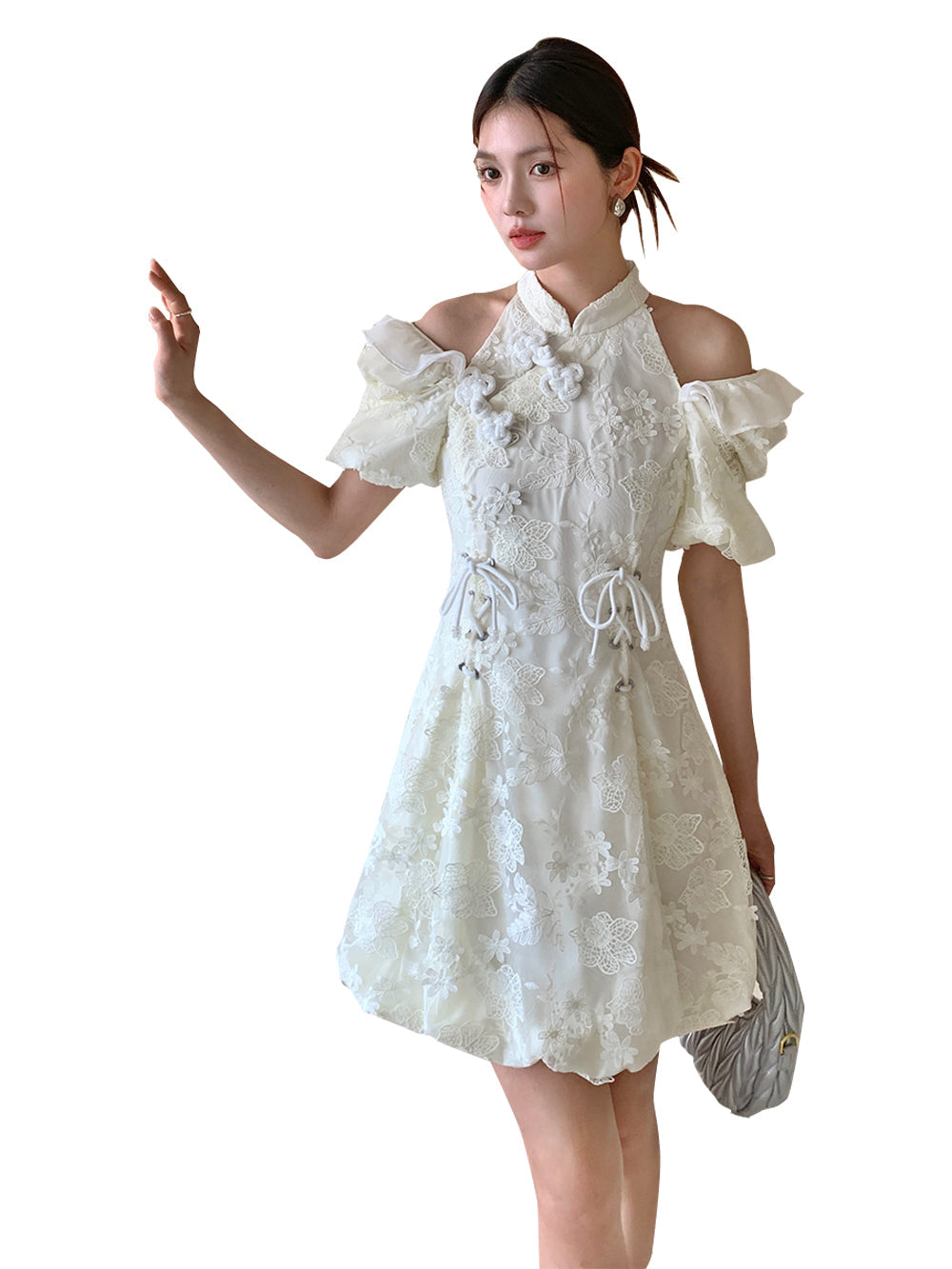 MUKZIN White Lace Off-shoulder Cheongsam QIPAO