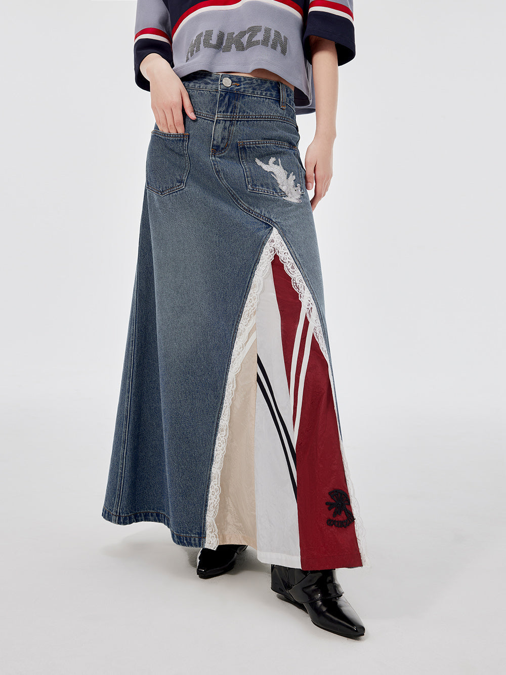 MUKZIN Lace Paneled Fashion Denim Skirt