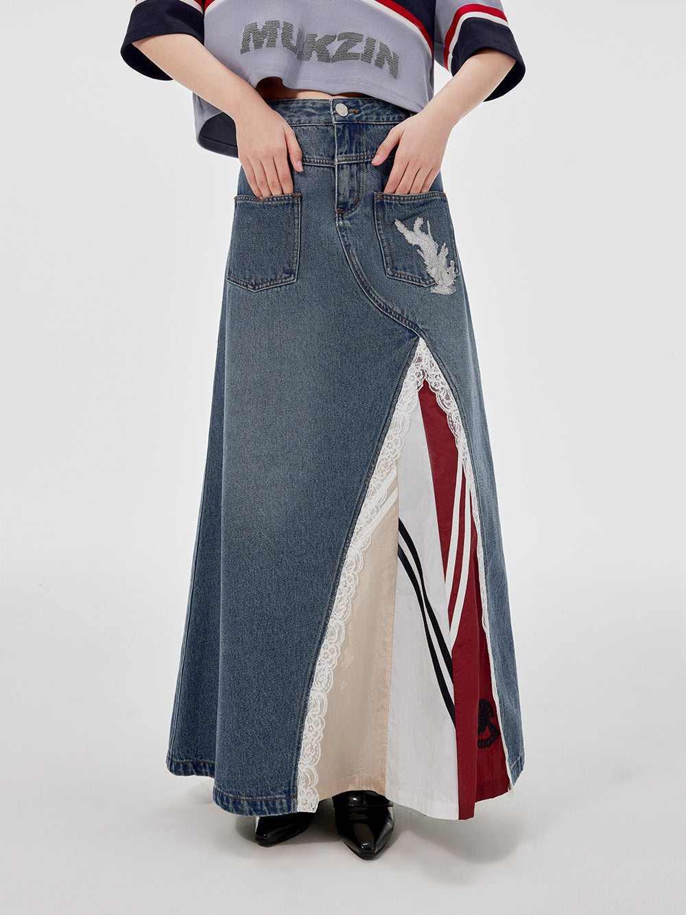 MUKZIN Lace Paneled Fashion Denim Skirt