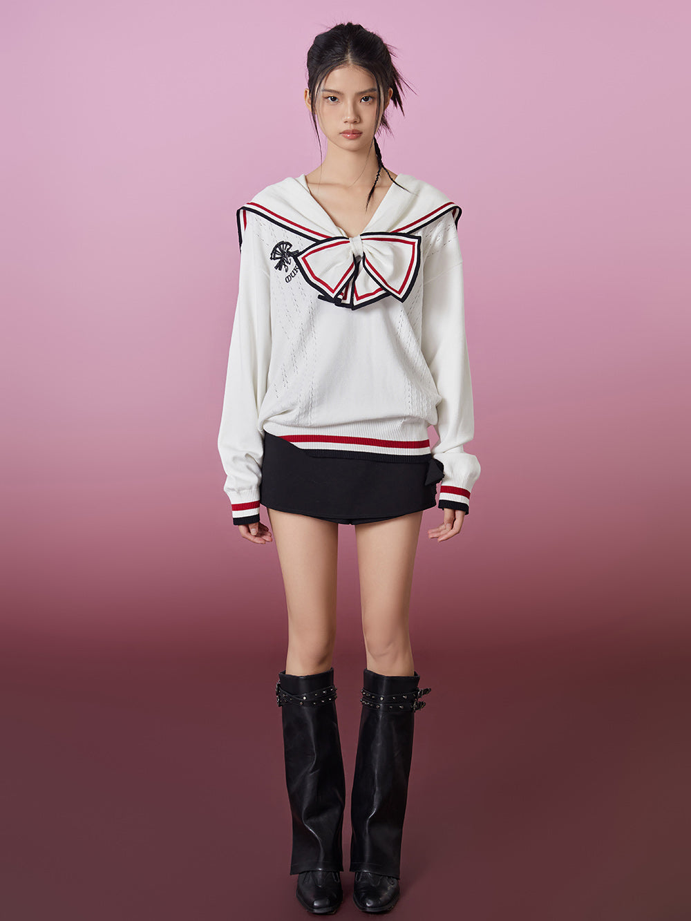 MUKZIN Bow Tie Sailor Collar Knit Sweater