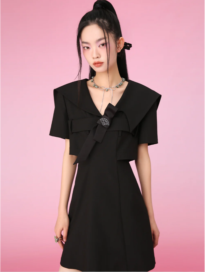 MUKZIN Black Temperament Bowknot Navy Collar Dress