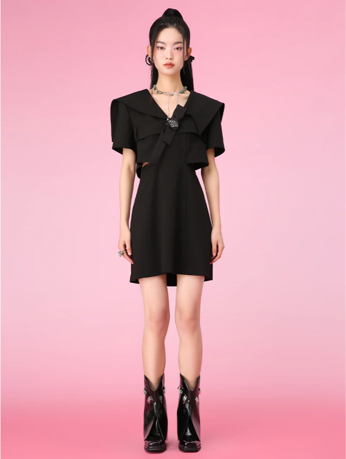 MUKZIN Black Temperament Bowknot Navy Collar Dress