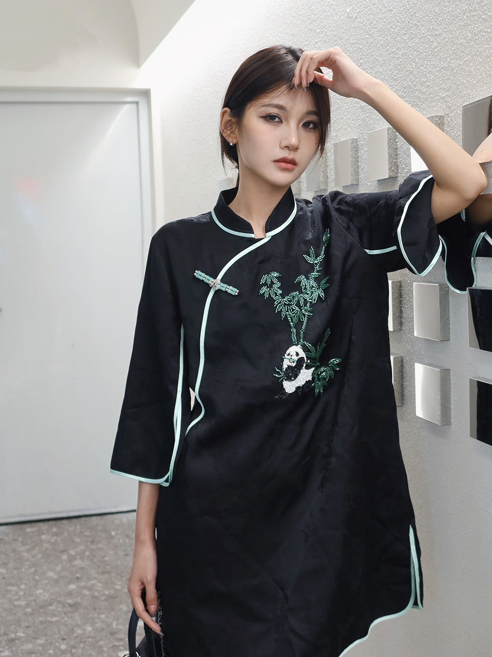 MUKZIN Vintage Chinese Inspiration Black Panda Printed Qipao